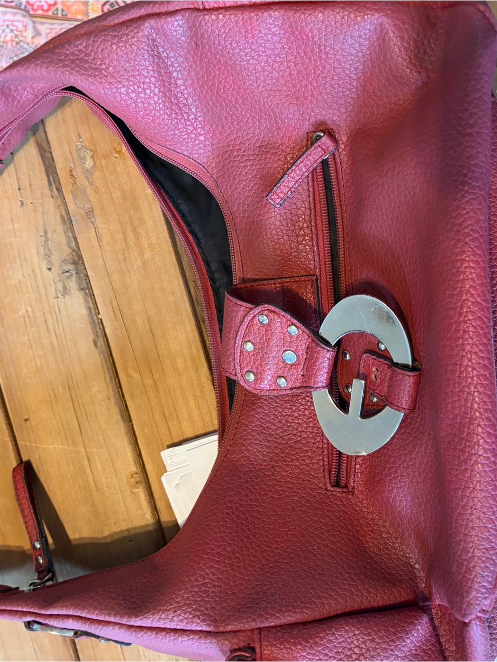 Guess Pebbled Wine Shoulder Bag with Silver Buckle